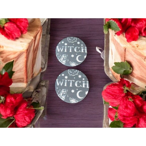 Witch-Themed Car Coasters - Set Of 2 - Moon & Stars Design - Round - Picture 4 of 12
